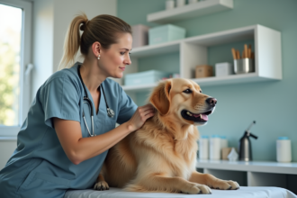 Vétérinaire réconfortant un chien âgé dans une clinique
