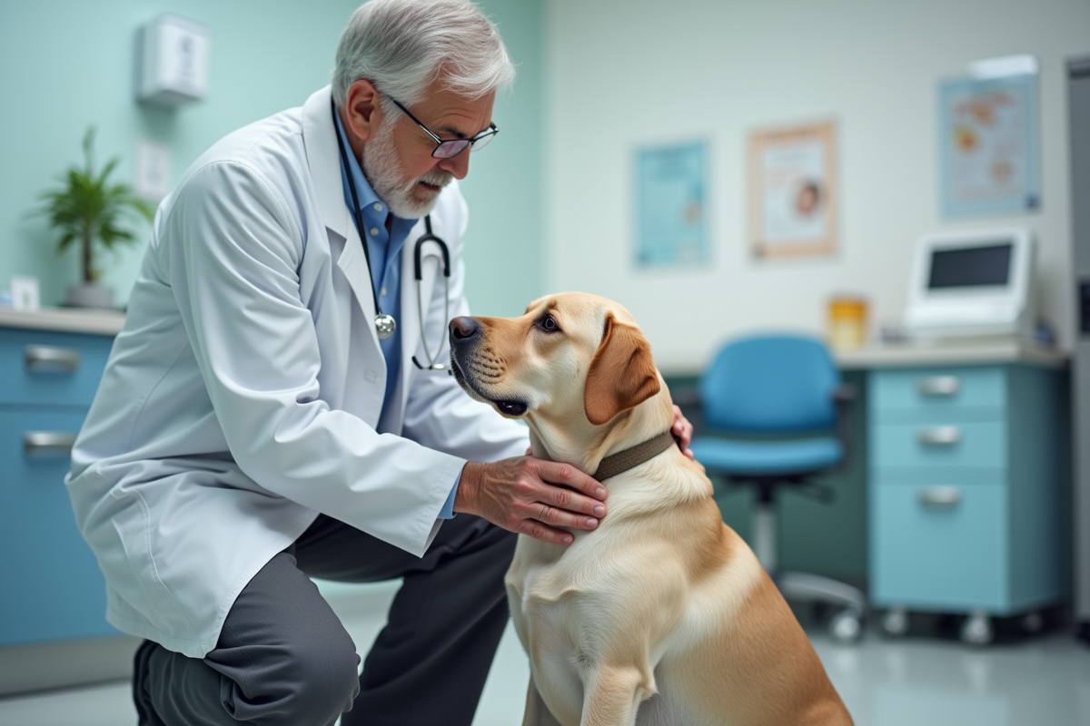 Vétérinaire examine un labrador lors d’un contrôle en clinique