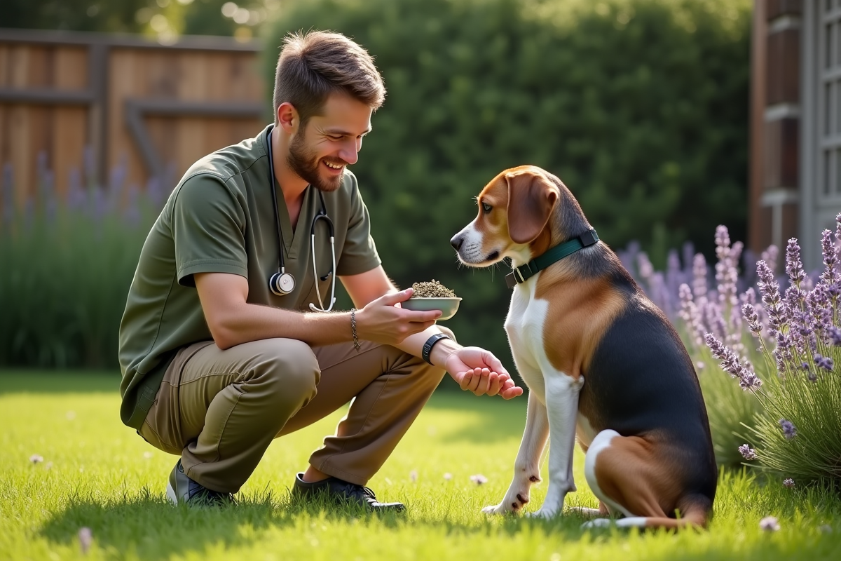 Vétérinaire soignant un beagle dans un jardin