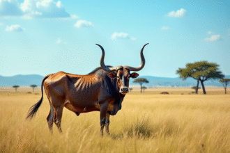 Zebu majestueux dans la savane ensoleillee avec ciel bleu